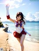 A woman in a sailor outfit is standing on the beach.