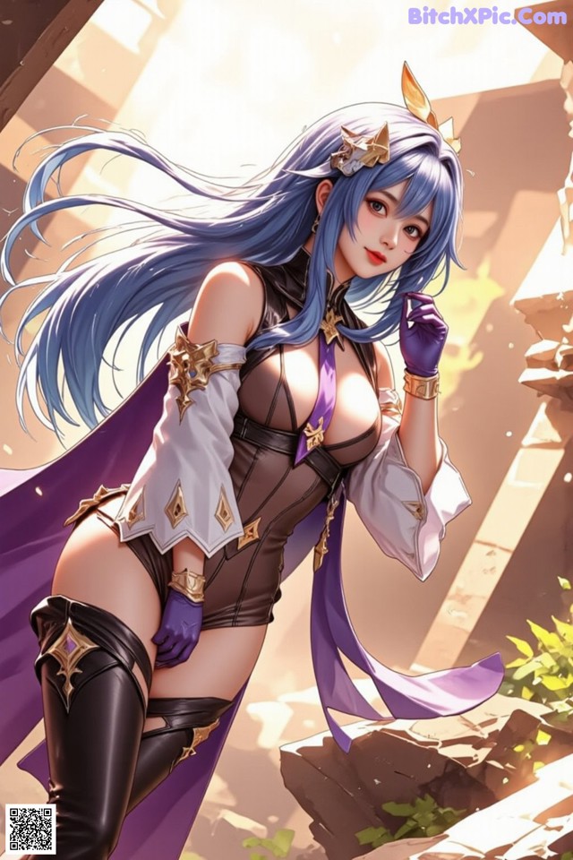A woman with long blue hair wearing a purple cape.