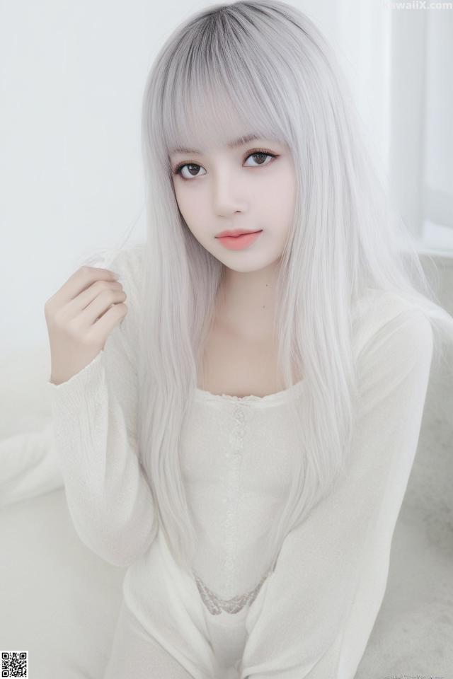 A woman with long white hair sitting on a bed.