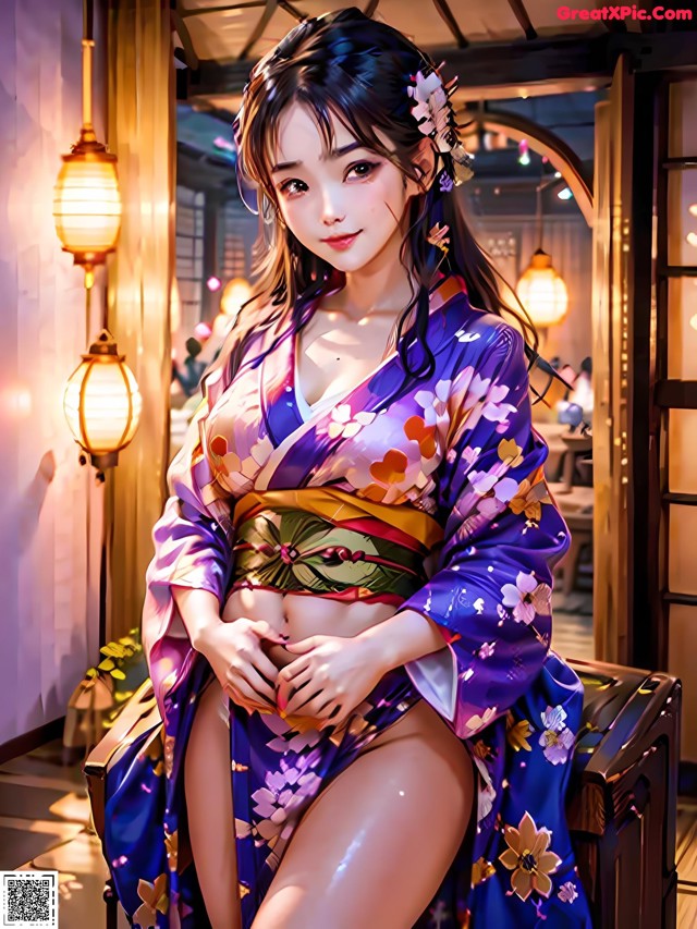 A woman in a kimono sitting on a chair.