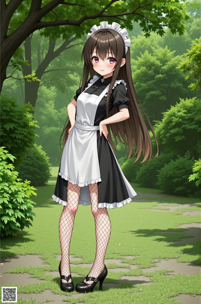 A woman in a maid outfit standing in a park.