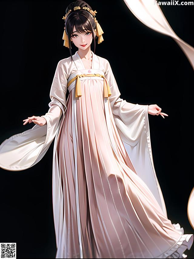 A woman in a long white dress is standing in front of a black background.