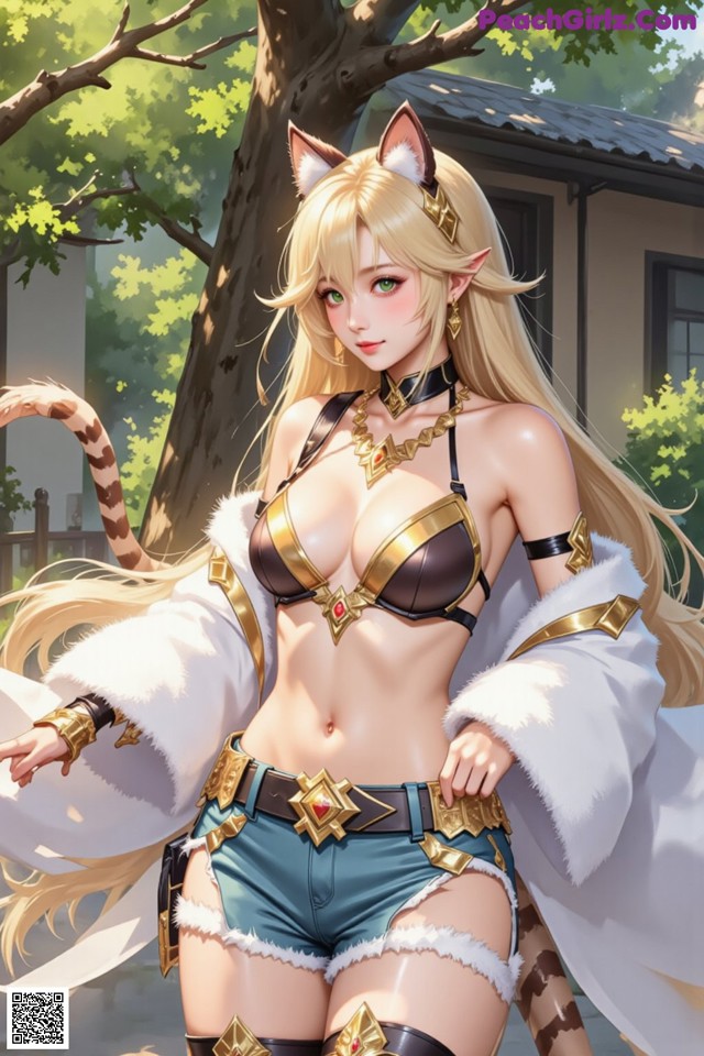 A woman in a bikini with a cat ears on her head.