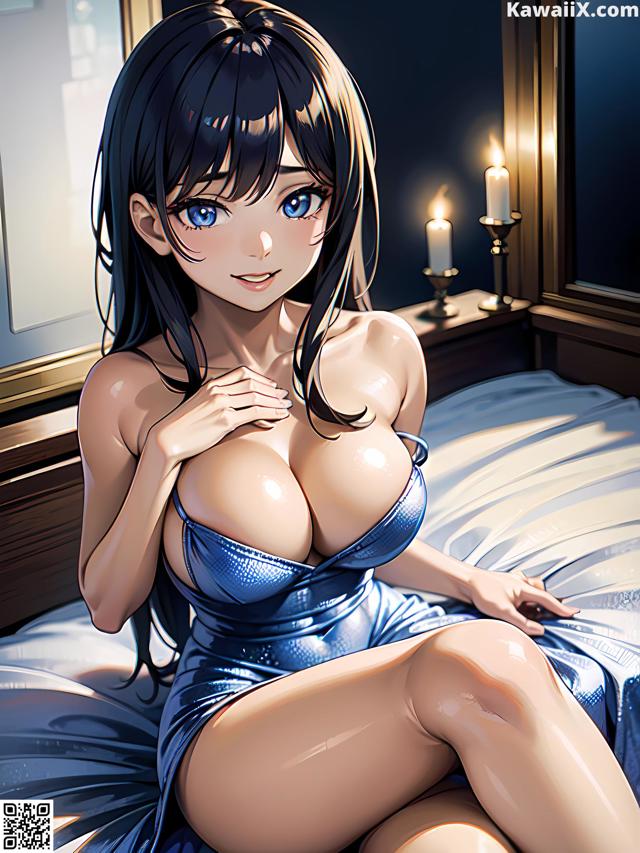 A woman in a blue dress sitting on a bed.