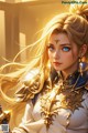 a woman with long blonde hair and blue eyes holding a sword