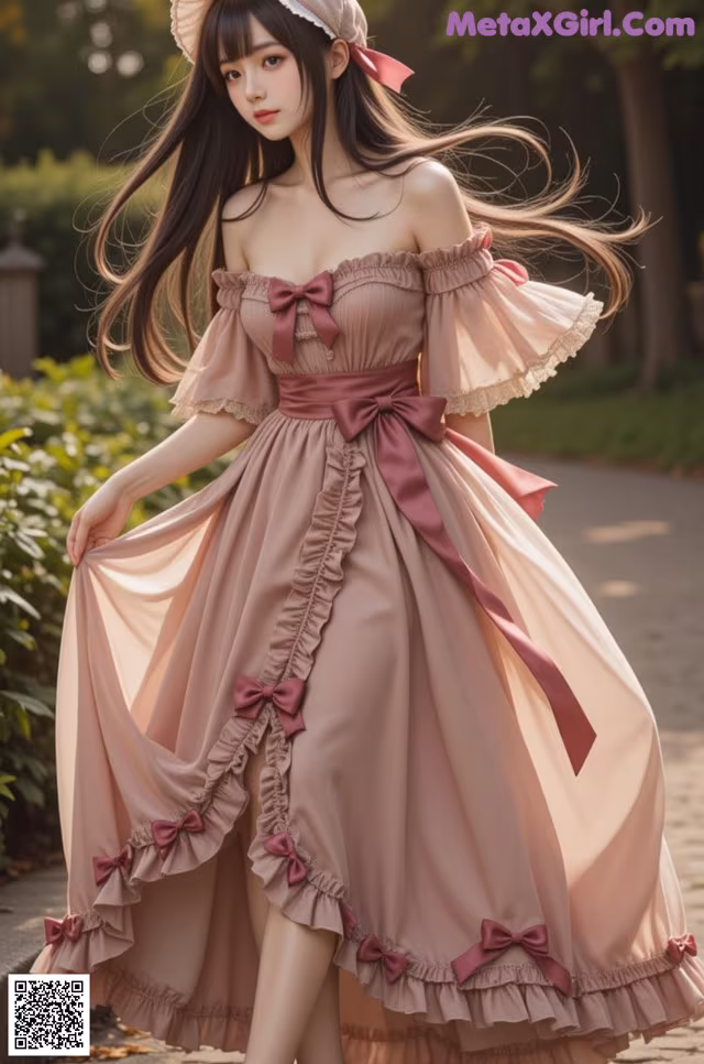 a woman in a pink dress and hat posing for a picture