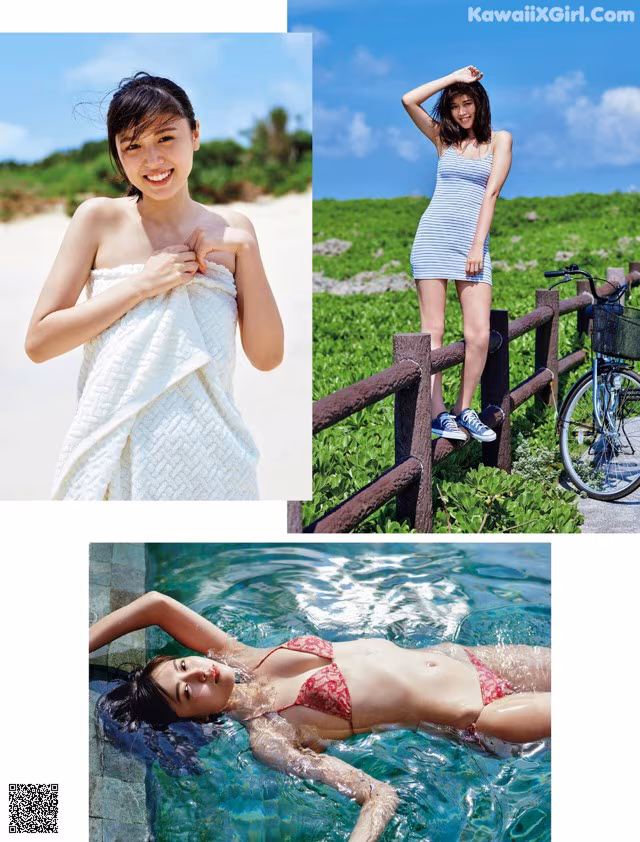 A woman in a bikini laying in the water next to a bike.