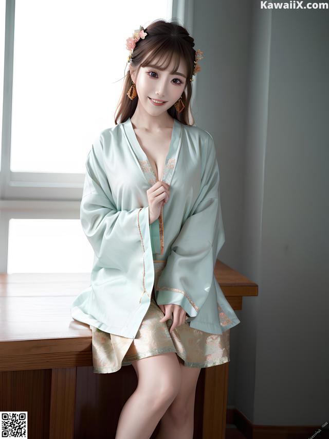A woman in a green robe sitting on a table.